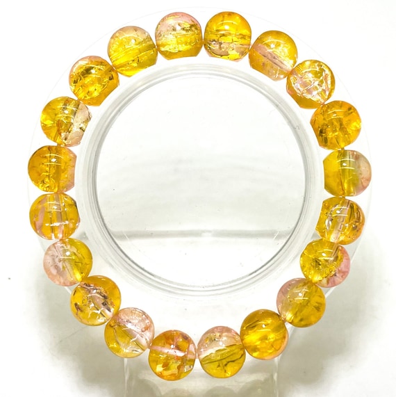 Crackle Quartz Handmade Cracked Crystal 10mm Polished Smooth Gemstone Bracelet (Gold Clear) - PGB238H