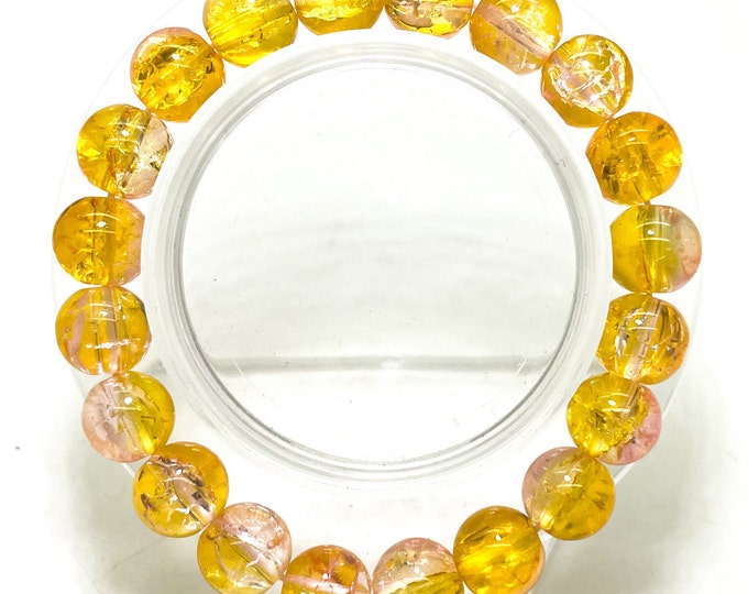 Crackle Quartz Handmade Cracked Crystal 10mm Polished Smooth Gemstone Bracelet (Gold Clear) - PGB238H