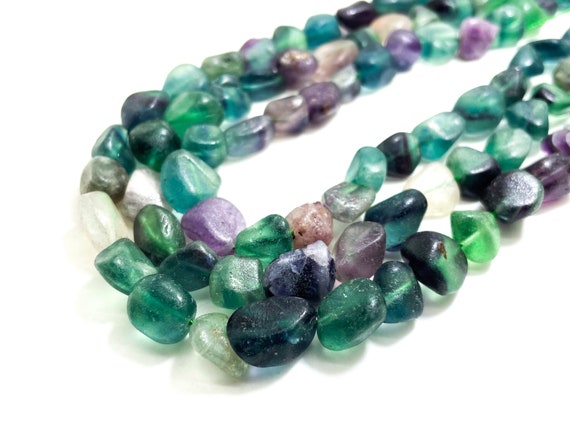 Green Fluorite Beads, Polished Nugget Gemstone Pebbles, 15" Strand