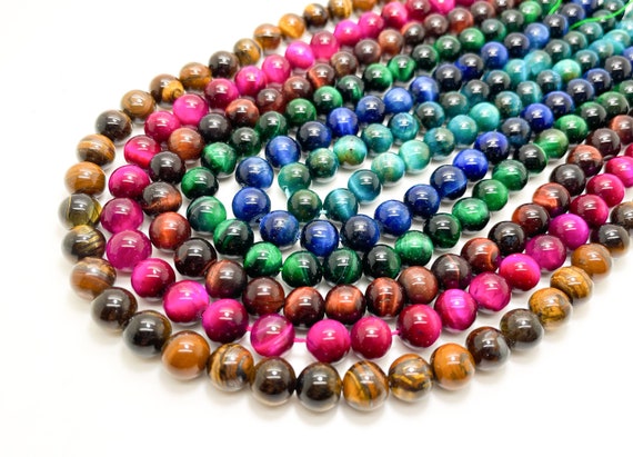 AAA Tiger's Eye Beads, Yellow Blue Navy Red Green Pink Tiger Eye Polished Smooth Round 4mm 6mm 8mm 10mm 12mm Gemstone Beads - RN106