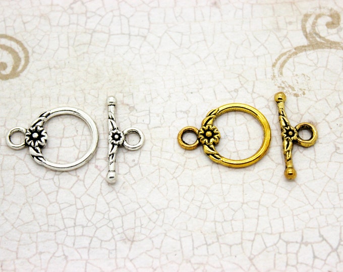 Bulk 15pcs 17mm x 23mm Round Shape Flower Toggle Antiqued Clasps, Jump Ring, Necklace Clasp, Bracelet Clasp, Connectors, Jewelry Supplies