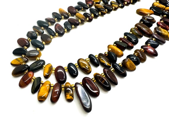 Tiger Eye Gemstone Beads: Yellow, Red, Blue Irregular Stick Slab - 15" Strand