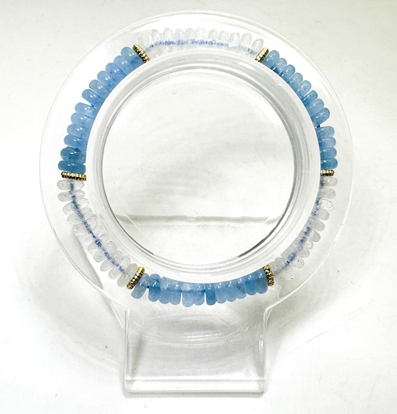 Aquamarine & Clear Quartz Stretch Bracelet – 6mm Beads, 6.5" – Gold Spacer Accents – Calm • Clarity • Healing - PGB8R40