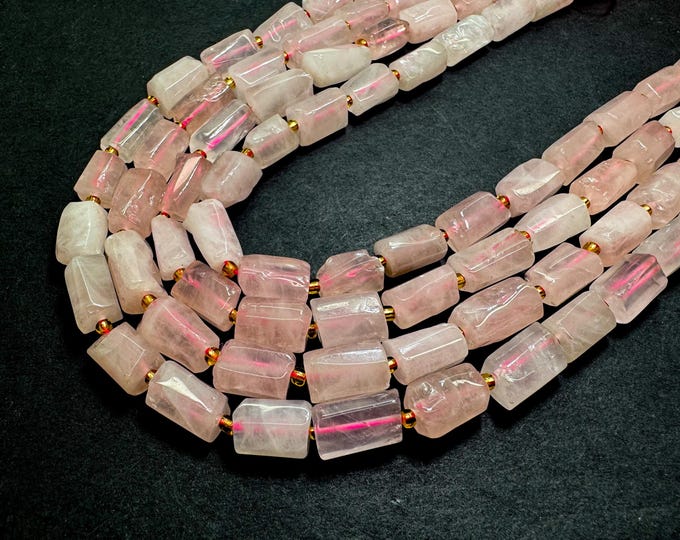 Natural Pink Rose Quartz Faceted Rectangular Barrel Nugget Pebble Tumble Chunky Smooth Polished Gemstone Beads for Jewelry Making - PGS122