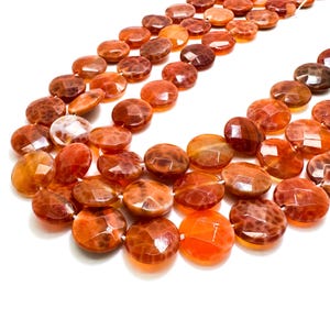 Fire Agate Beads, Orange Fire Agate Flat Faceted Round Circle Coin 12mm Gemstone Beads - PG182