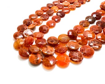 Fire Agate Beads, Orange Fire Agate Flat Faceted Round Circle Coin 12mm Gemstone Beads - PG182