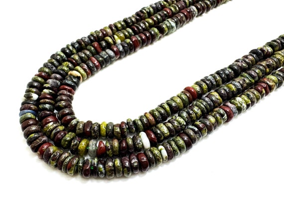 Natural Jasper Beads, Green Red Dragon Blood Jasper Smooth Polished Rondelle Nugget Round Flat 2mm x 6mm Gemstone Beads - RD40