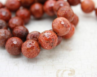 Natural Coral, Red Fossil Coral Faceted Round Sphere Ball Gemstone Beads - PG169