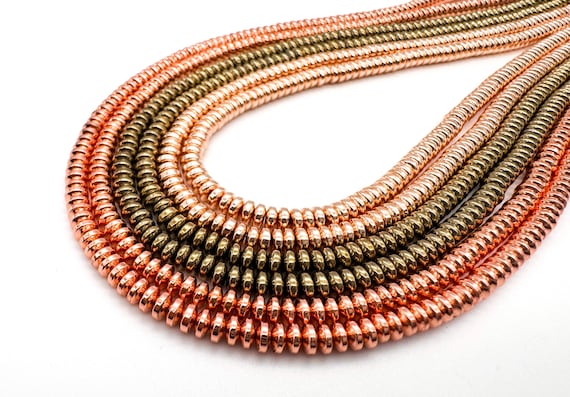 Natural Hematite Rondelle Beads, Metallic Rose Gold Champagne Bronze Plated Smooth Wheel Spacers, Genuine Hematite Stone Spacer Strands RD42