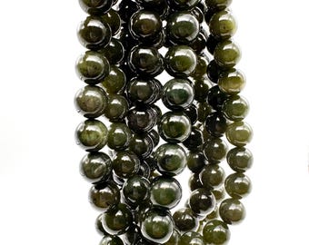 Cuentas de jade verde nefrita canadiense natural, pulidas y redondas - RN153