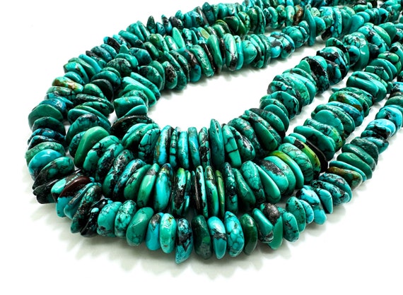 Natural Hubei Turquoise, Genuine AAA Blue Turquoise Smooth Flat Rondelle Nugget Chip Gemstone Beads (Assorted Size) - PGS94B