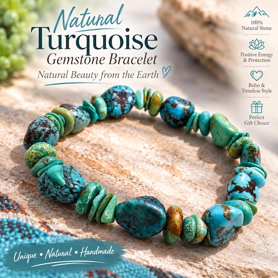 Natural Hubei Turquoise Stretch Bracelet, Genuine Turquoise Nugget Bracelet, Blue Green Gemstone Elastic 7" Bracelet, Boho Handmade Jewelry