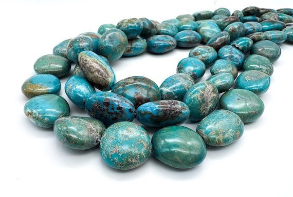 Natural Untreated Turquoise Smooth Large Oversized Chunky Oval Nuggets Pebble Bold Sky Blue Matrix Gemstone Beads - WHTQ6