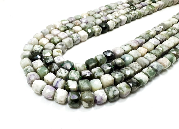 Natural Faceted Green & Purple Jade Faceted Cube Square Beads: 7x7mm Harmony Gemstone - PGS121