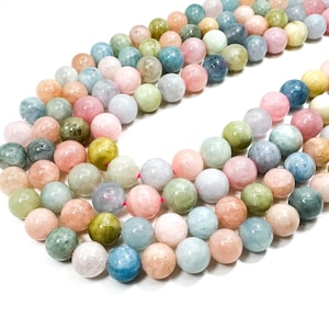 Natural Multi-Color Beryl Beads – Soft Pastel Elegance, Polished Smooth Round AAA Morganite Gemstone Beads (4mm 6mm 8mm 10mm) PG04