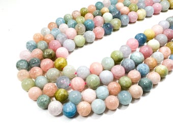 Natural Multi-Color Beryl Beads – Soft Pastel Elegance, Polished Smooth Round AAA Morganite Gemstone Beads (4mm 6mm 8mm 10mm) PG04