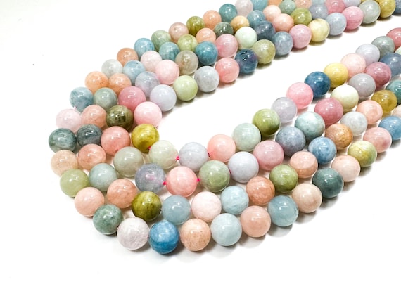 Natural Multi-Color Beryl Beads – Soft Pastel Elegance, Polished Smooth Round AAA Morganite Gemstone Beads (4mm 6mm 8mm 10mm) PG04
