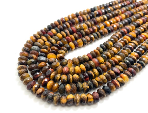 Yellow Red Tiger Eye Faceted Rondelle 8mm Natural Gemstone Beads - RDF54B