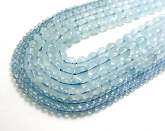 High Quality Blue Aquamarine Smooth Polished Round 4mm 6mm 8mm Gemstone Beads - RN195