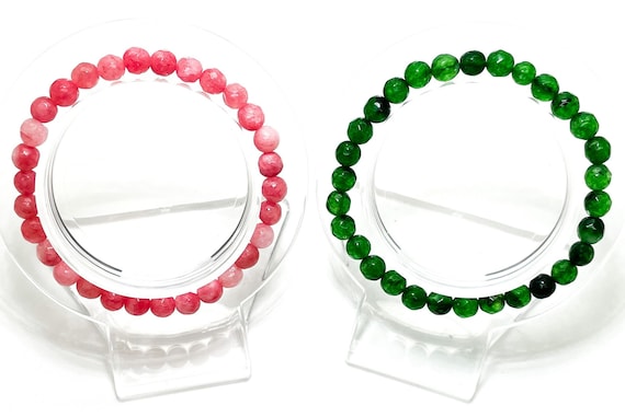 Agate Smooth Faceted Round Gemstone 6mm Beads Pink Green Beads Stretch Elastic Cord Bracelet - PGB13