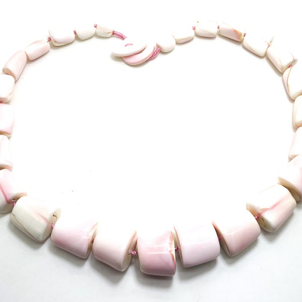 Natural Queen Conch Necklace, Light Pink White Queen Conch Shell Barrel Cylinder Beads Handmade Beaded Necklace Length 20" - PG277D