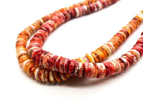 High Quality Natural Spiny Oyster Shell Beads: Red Orange Rondelle Gemstone, 15" Strand - SO7