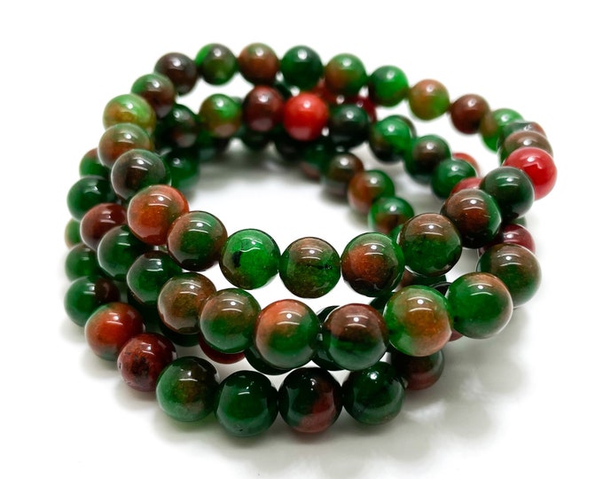 Olive Green Orange Jade Smooth Round Gemstone Beaded 8mm Bead Stretch Elastic Handmade Bracelet - PGB189