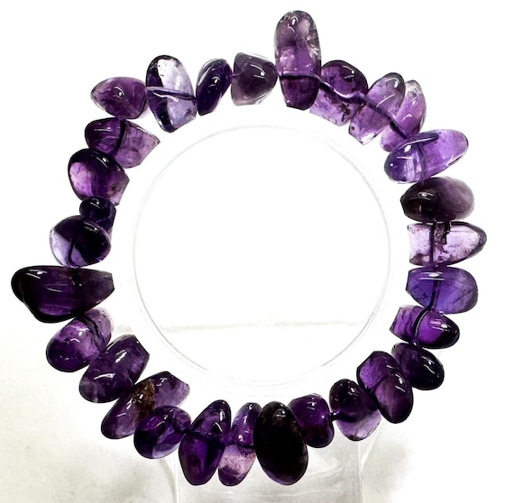 Natural Purple Amethyst Gemstone Free form Chips 7" Handmade Elastic Cord Beaded Bracelet - PGB241