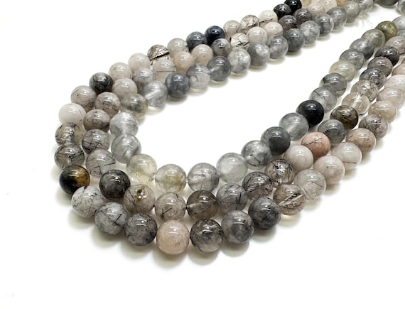 Rutilated Quartz Beads, Natural Black Hair Quartz Smooth Round Gemstone Beads (6mm 8mm 10mm) - PG299