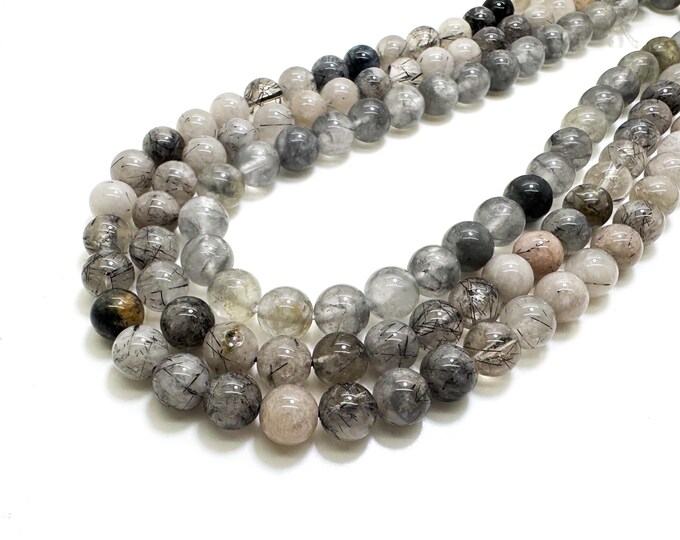 Rutilated Quartz Beads, Natural Black Hair Quartz Smooth Round Gemstone Beads (6mm 8mm 10mm) - PG299