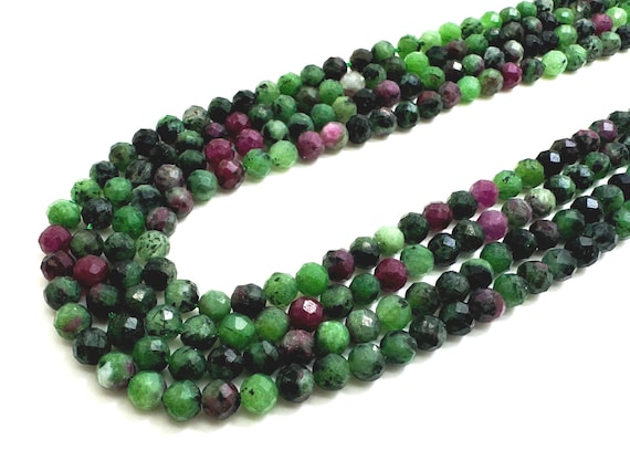 Natural Ruby Zoisite Beads, Genuine Red Ruby Green Zoisite Faceted Sphere Ball Round 4mm Gemstone Beads - RNF86