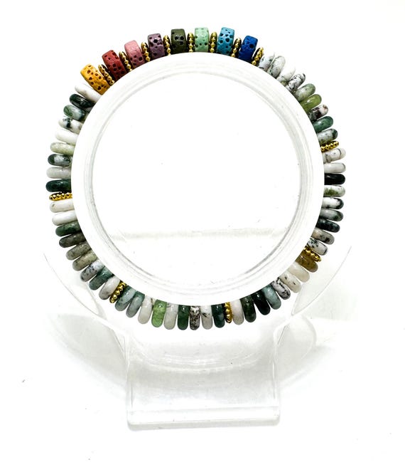 6.5" Green Tree Agate & Chakra Lava Rock Bracelet – Handmade Elastic Cord, 6mm - PGB8R8