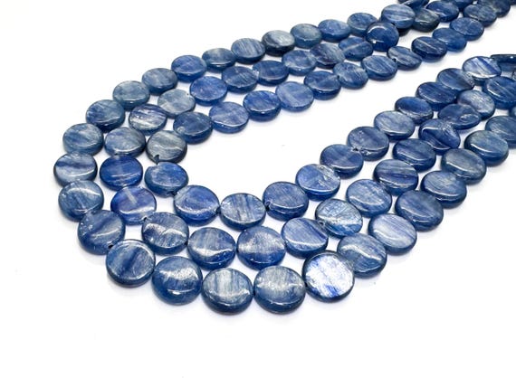 Natural Blue Kyanite Flat Round Beads Genuine 10mm Polished Coin Beads Shimmery Indigo Blue Gemstone Strand