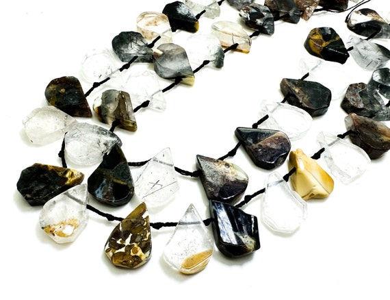Natural Mixed Rutilated Quartz Teardrop Pear Smooth Flat Gemstone Beads - PGS172