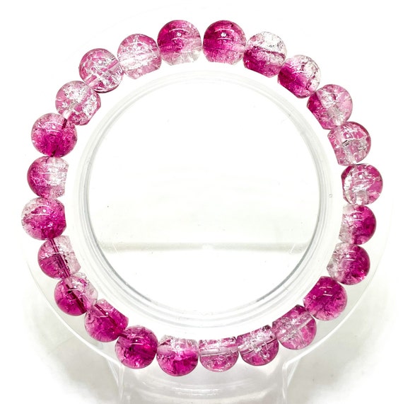 Crackle Quartz Handmade Cracked Crystal 8mm Polished Smooth Gemstone Bracelet (Hot Pink Clear) - PGB238L