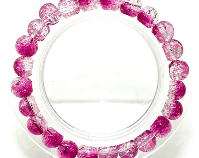 Crackle Quartz Handmade Cracked Crystal 8mm Polished Smooth Gemstone Bracelet (Hot Pink Clear) - PGB238L