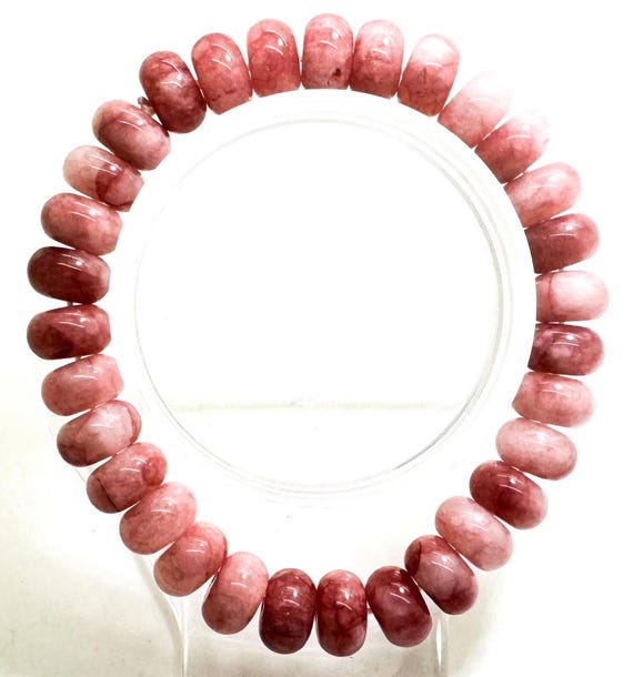 Cherry Pink Jade Bracelet: 10mm Rondelle Gemstone Beads, Handmade