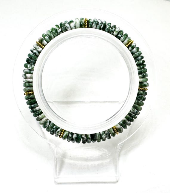 Handmade Green Tree Agate Rondelle Bracelet 6.5" – 6mm Gemstone Beads with Gold Spacers - PGB8R25