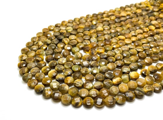 Tiger Eye Beads, Natural Yellow Tiger's Tiger Eye 8mm Faceted Flat Round Disc Loose Gemstone Beads - PG154