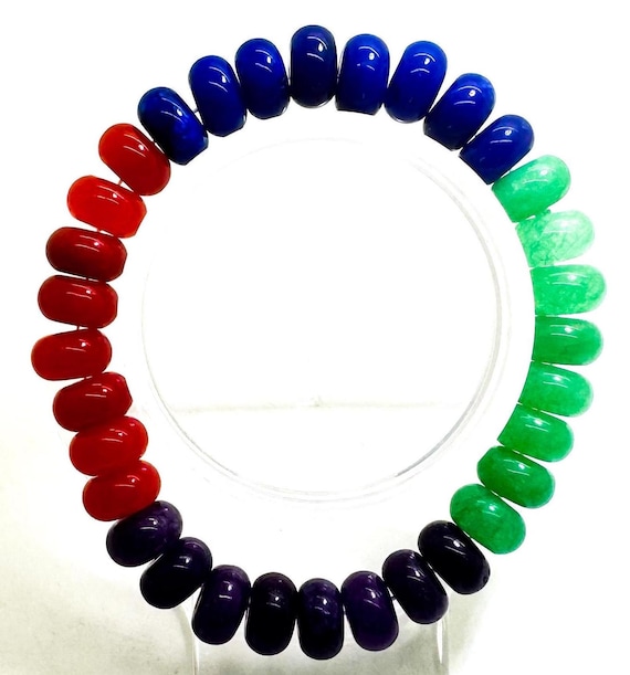Handmade Dyed Jade Bracelet: Multi-Color Rondelle Gemstone Beads, 7 inch