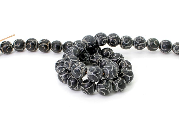 Black Agate Beads, Totem Patterned Round Sphere Ball Gemstonte Beads - RN122
