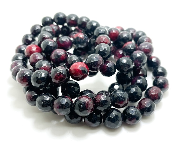 Dark Red Burgundy Jade Faceted Round 10mm Gemstone Beads Stretch Elastic Bracelet - PGB180