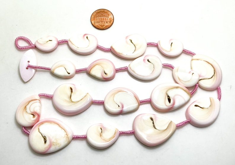Puede incluir: Una hebra de cuentas de concha rosa y blanca con un cord&oacute;n rosa. Las cuentas tienen forma de l&aacute;grima y un patr&oacute;n de espiral. El cord&oacute;n tiene un cierre de bot&oacute;n.