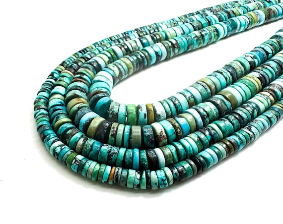 Natural Turquoise, Genuine Blue Untreated Undyed Turquoise Smooth Flat Rondelle Heishi Round Disc Gemstone Beads (Assorted Size) - PGS160