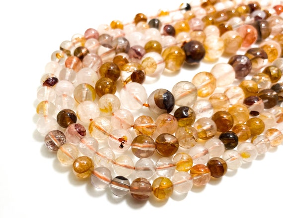 Natural Brown Golden Rutilated Quartz beads Smooth Polished Round 6mm 8mm 10mm Gemstone Beads - RN168