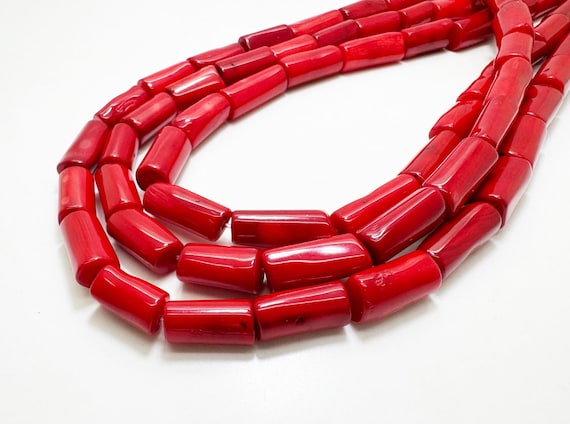 Red Coral Tube Beads Strand | Polished Dyed Red Coral Cylinder Beads | Jewelry Making Supplies - RD05
