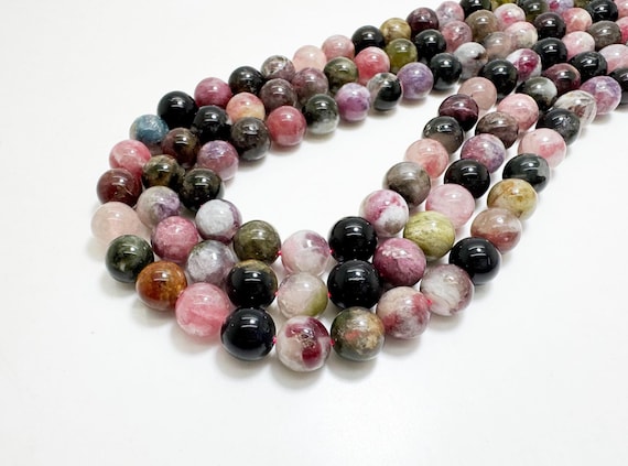 Natural Multi Color Tourmaline Beads 6mm 8mm 10mm Genuine Pink Green Black Rainbow Round Tourmaline Jewelry Making Beads 15.5” Strand RN135