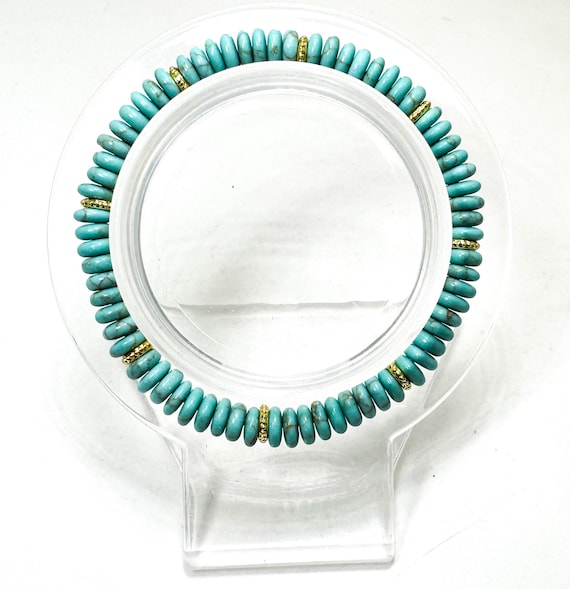 Handmade Turquoise Howlite Rondelle Bracelet 6.5" – 6mm Gemstone Beads with Gold Spacerss - PGB8R18