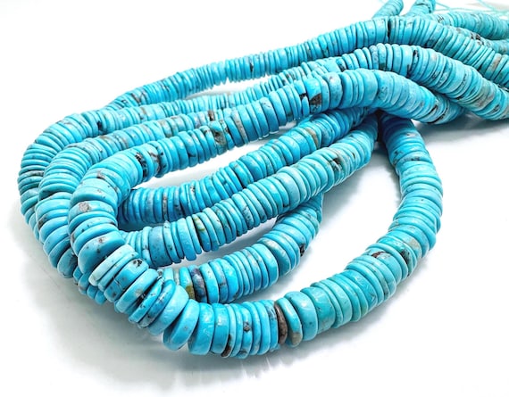 Natural Kingman Turquoise Heishi Beads • Genuine Arizona Blue 8mm-9mm Thin Polished Turquoise for Southwestern Jewelry Making - PGS157