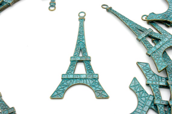 Antiqued Patina Green Bronze Charm Beads Pendant Earing 68mm x 35mm x 2mm - Flat Eiffel Tower